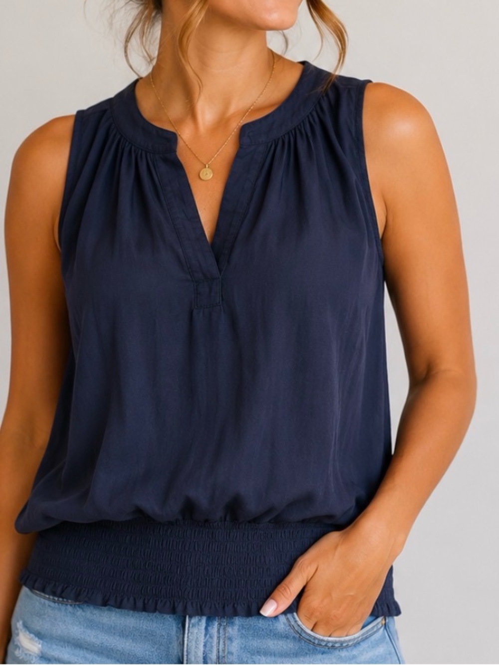 Nine Britton Sleeveless Navy Blouson Hem Top - Women SZ XL